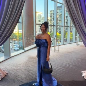 Rene Ruiz Strapless Satin Dress with Bow in Blue